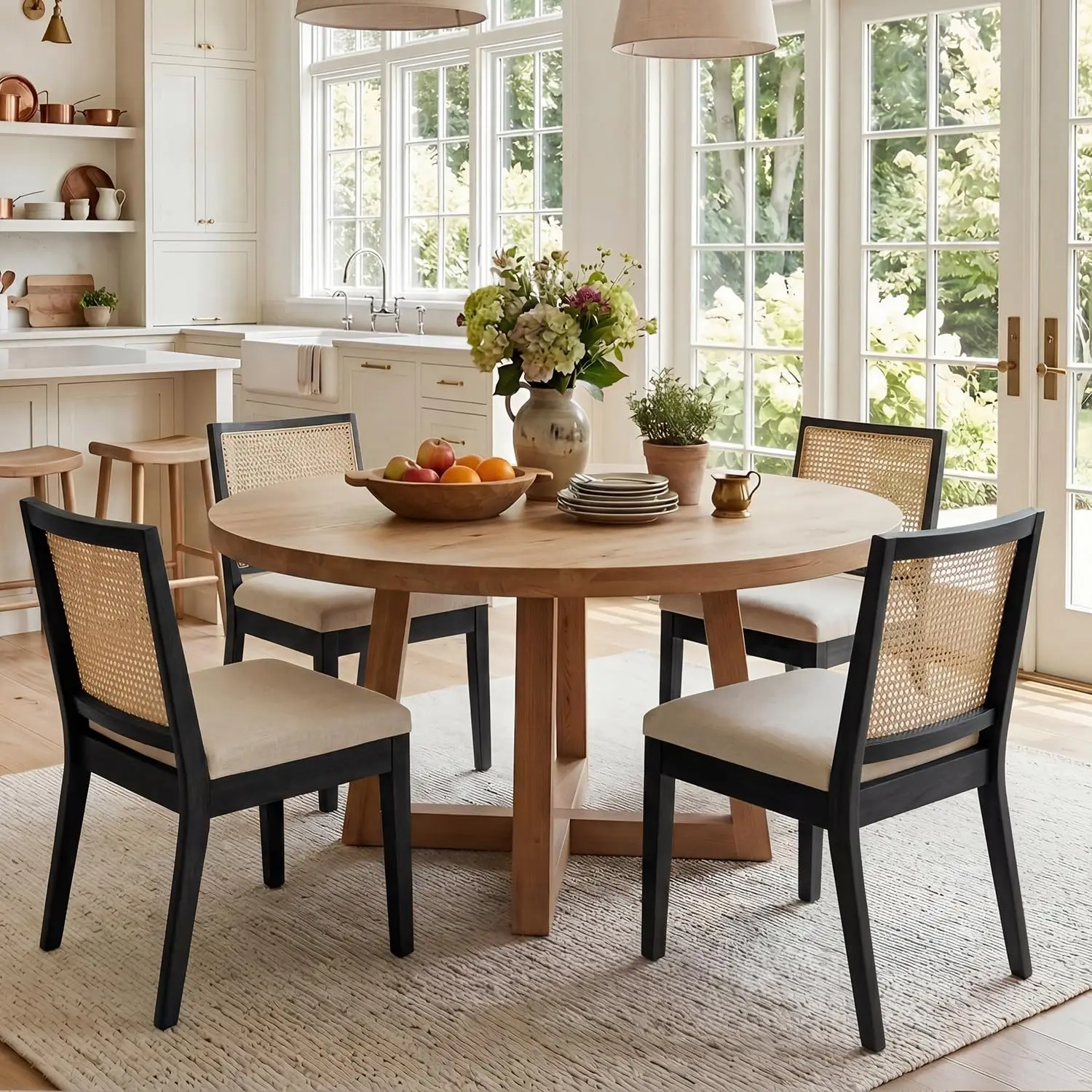 Farmhouse Rattan Dining Chairs Set of 2, Black Solid Hardwood Frame, Upholstered Linen Seat, Ergonomic Cane Back Dining