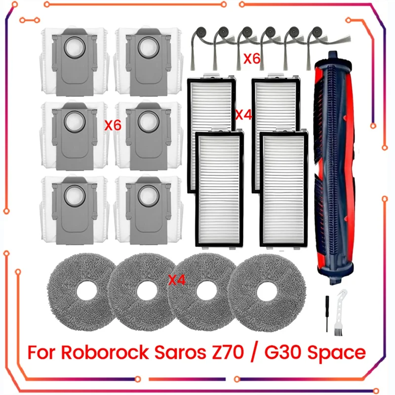 

Комплект аксессуаров ABZA-23PCS для Roborock Saros Z70 / G30: насадки для пылесоса, роликовые и боковые щетки, мешки для пыли, фильтры, салфетки для влажной уборки