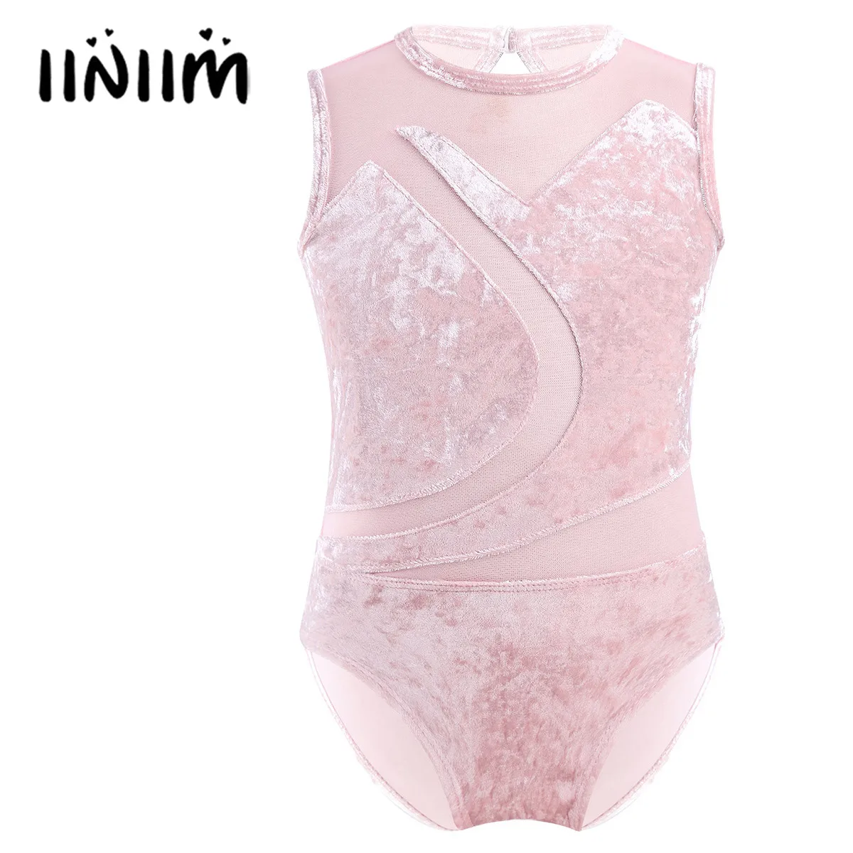 Kids Girls Gymnastics Swimsuit for Dancing Sleeveless Pleuche Mesh Splice Ballerina Costume Cutout Back Ballet Leotards Jumpsuit