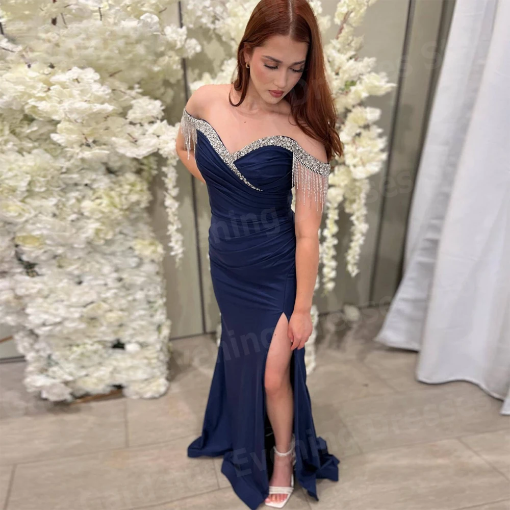 Elegant Mermaid Women's Evening Dresses Sleeveless Prom Gowns Beaded Off The Shoulder Customized Split Vestido Llargo Elegante