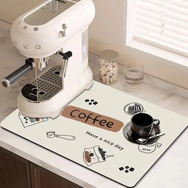 Coffee Theme Draining Mat Minimalist Pattern Coffee Bar Mat Heat Resistant Non-Slip Kitchen Countertop Protectors Mat
