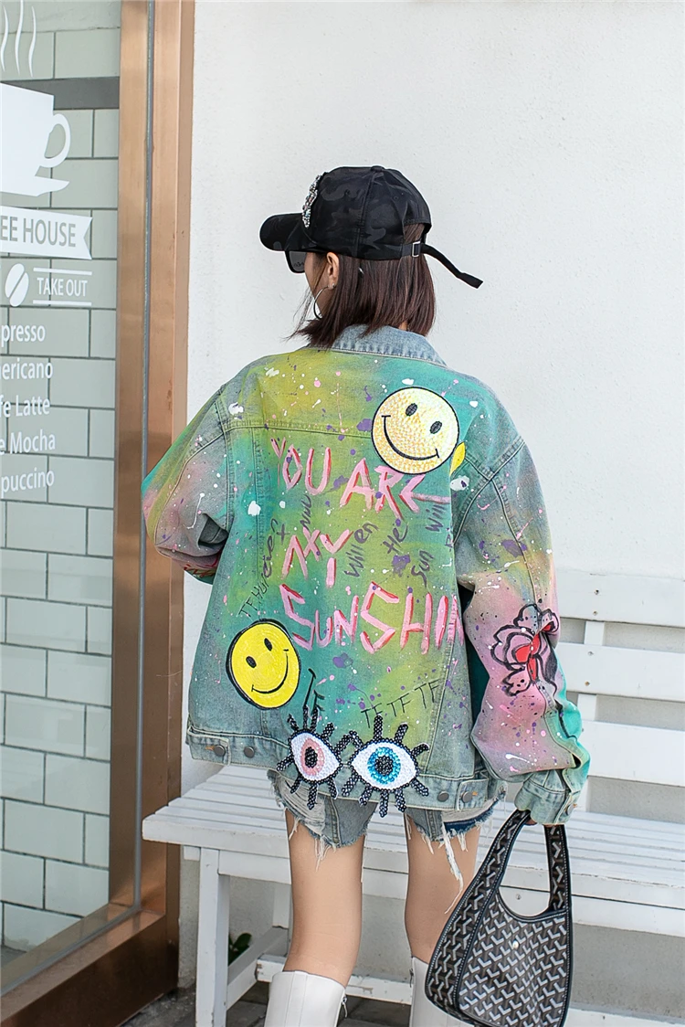 Women's Denim Jacketwomen's Spring And Autumn New Street Fashion Personality Sequins Handmade Graffiti Print Hip Hop Loose Denim