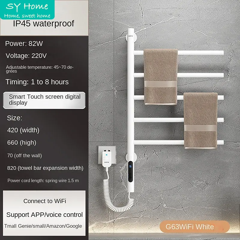 Carbon Fiber Electric Towel Dryer Intelligent Digital Display Wifi App Remote Control Nail-Free Rotatable Bathroom Warmer Rack