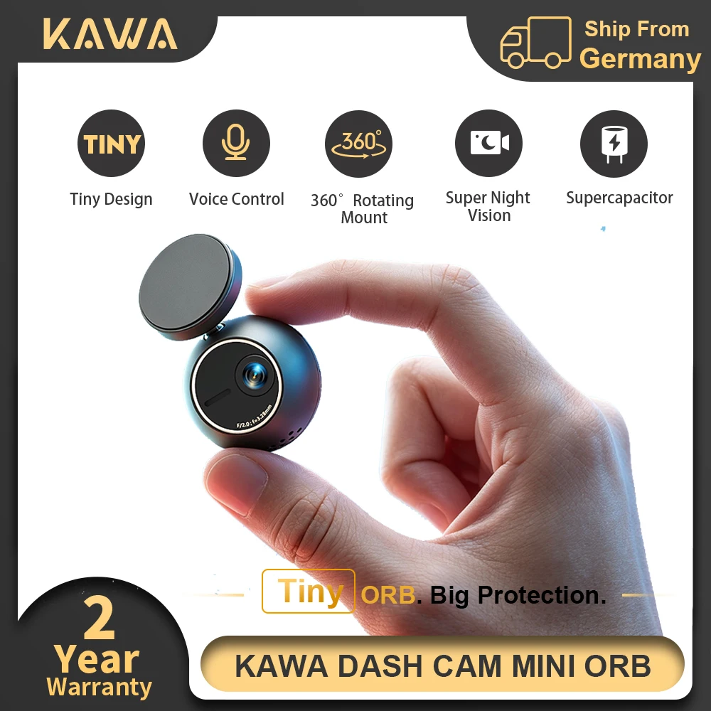 Caméra embarquée KAWA MINI ORB 2K avec commande vocale intelligente 360° °   Caméra de recul de voiture avec fonction de mise en miroir, mini, facile à installer, design discret, capteur G, supercondensateur,
