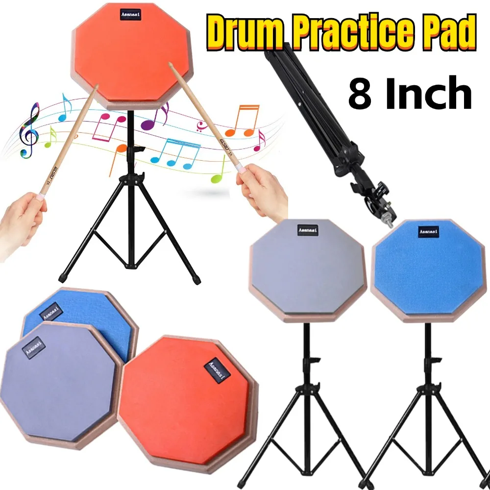 8 Inch Rubber Wooden Drum Practice Pad with Adjustable Stand Snare Drum Practice Pad Shock‑Absorbent Practice Training Drum Pad