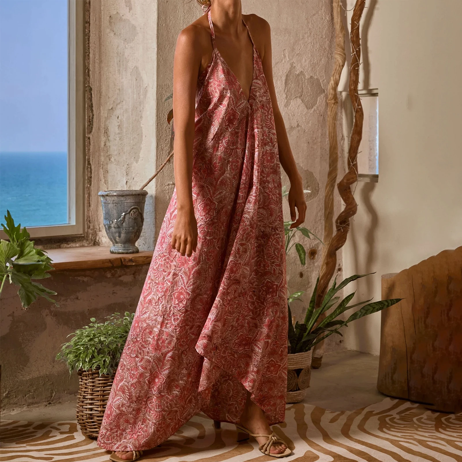 Combhasakiผู้หญิงLace-Up HalterลึกVคอBacklessความงามดอกไม้พิมพ์ฤดูร้อนหลวมA-Line Cami Slipชุดยาว