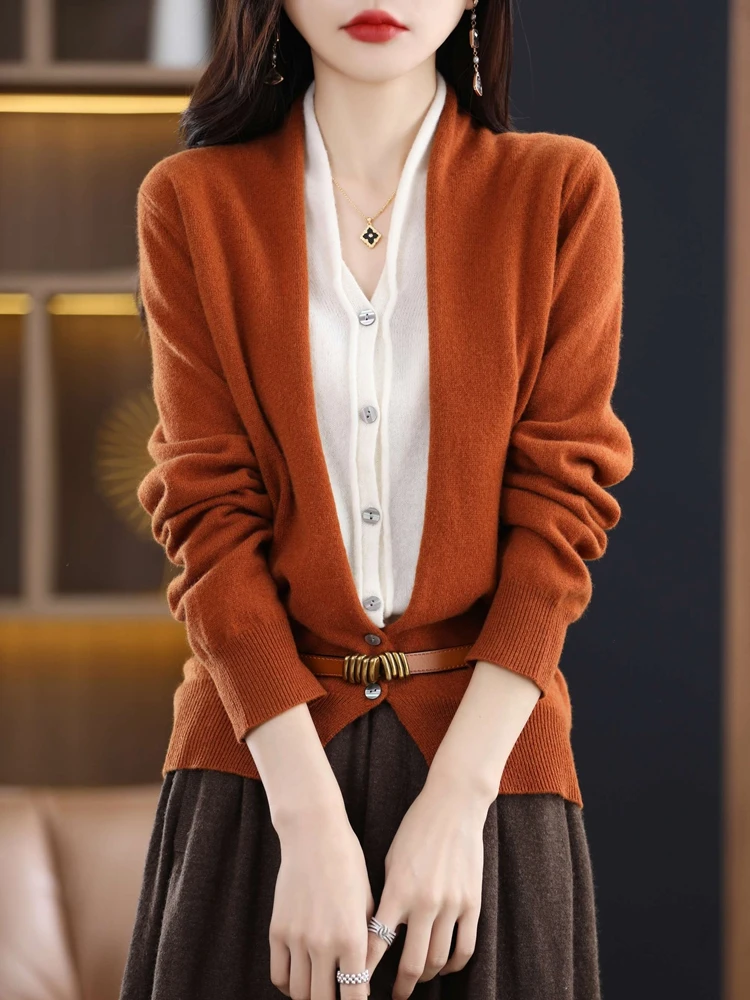 Autumn Winter New Chic V-neck Cardigan Sweater For Women 100% Merino Wool Grace Office Lady Basic Cashmere Knitwear Topss