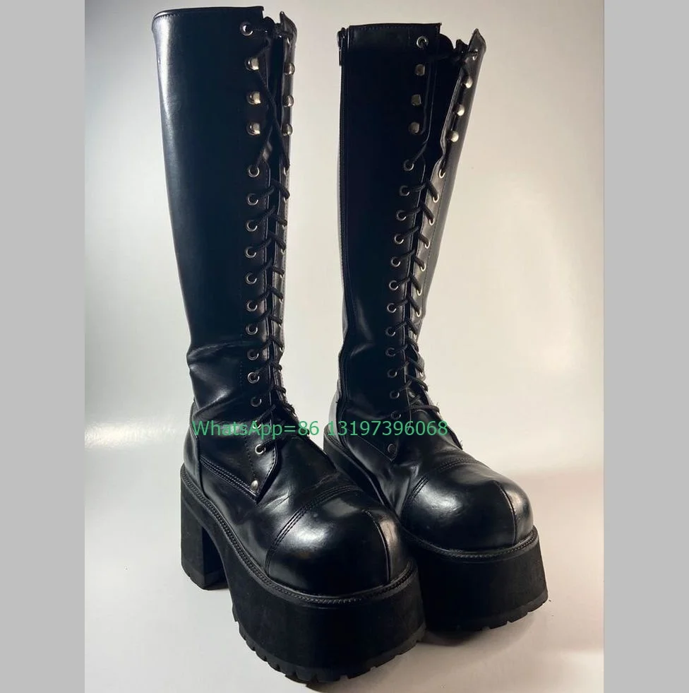 Lady gothic style PU Mary Janes knee boots chunky heel side zip platform boots footwear Y2K punk new arrive boots size 35-46