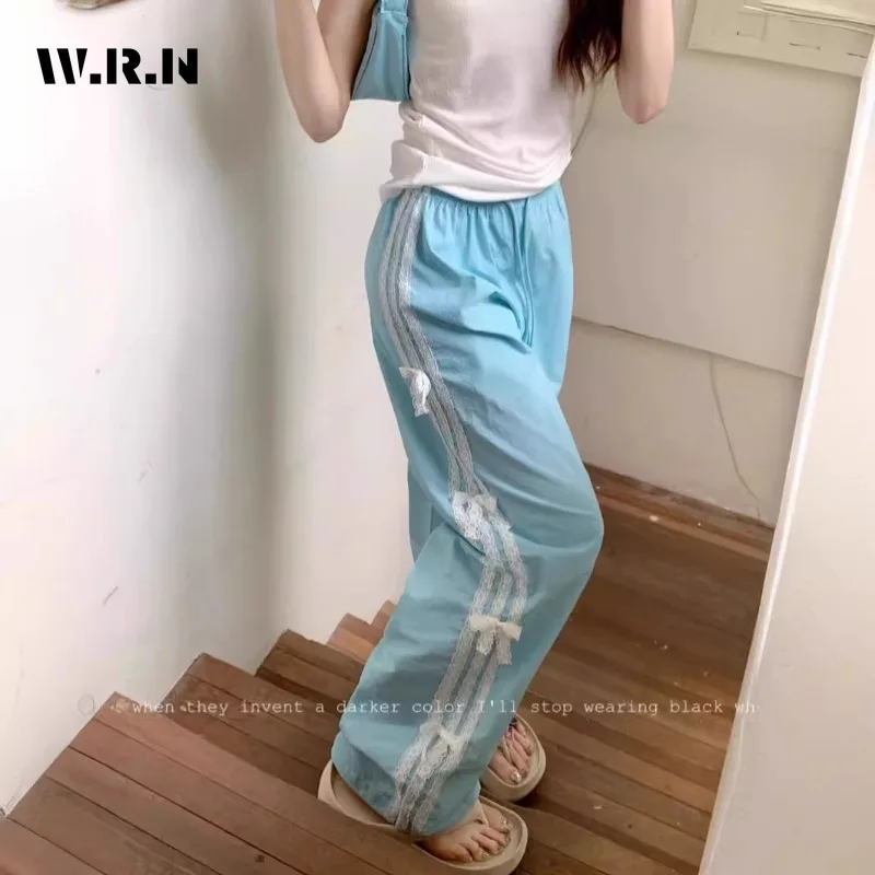 

2024 Summer Casual Elegant Striped High Waist Wide Leg Pants Women's Fashion Loose Fit Soft Lace Bow Full Length Trousers