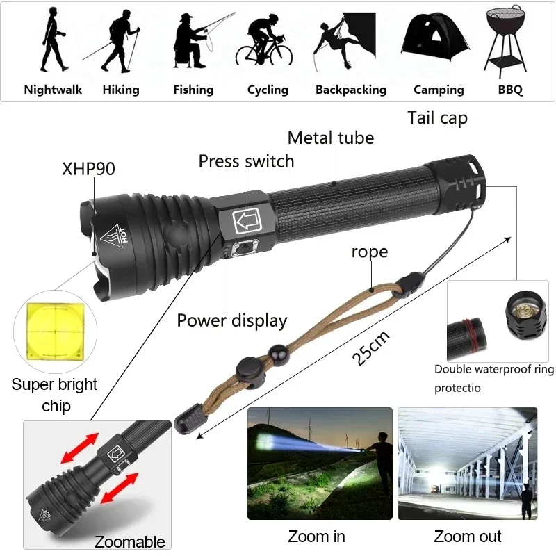 XHP90 Most Powerful LED Flashlight USB Rechargeable Zoom Tactical Torch 26650 Battery Hand Lamp Outdoor Hunting Camping Lantern