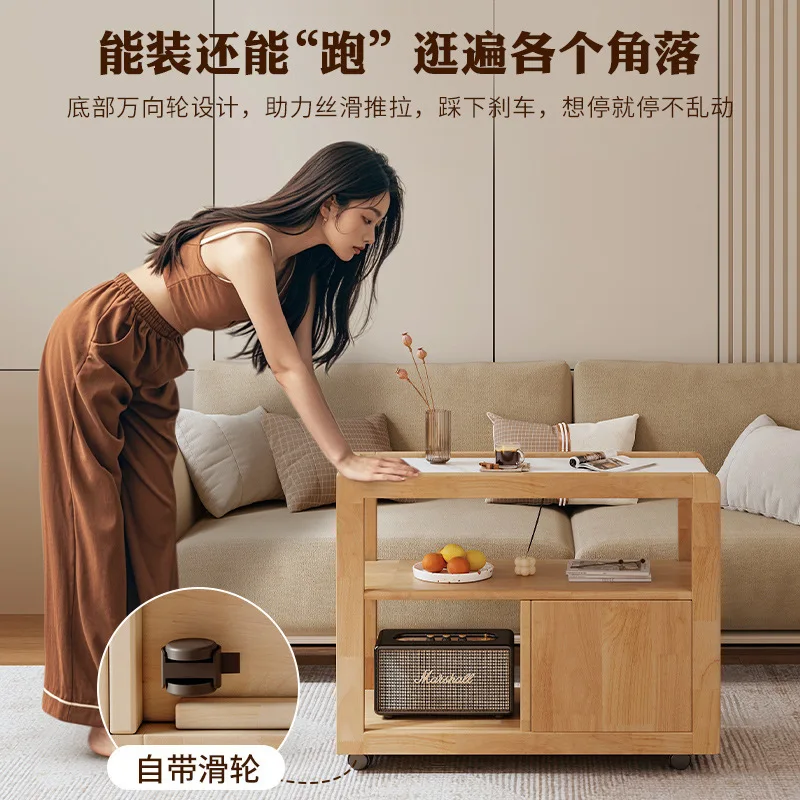 Strictly selected solid wood sofa side cabinet rock slab side table small apartment with wheels living room movable small coffee