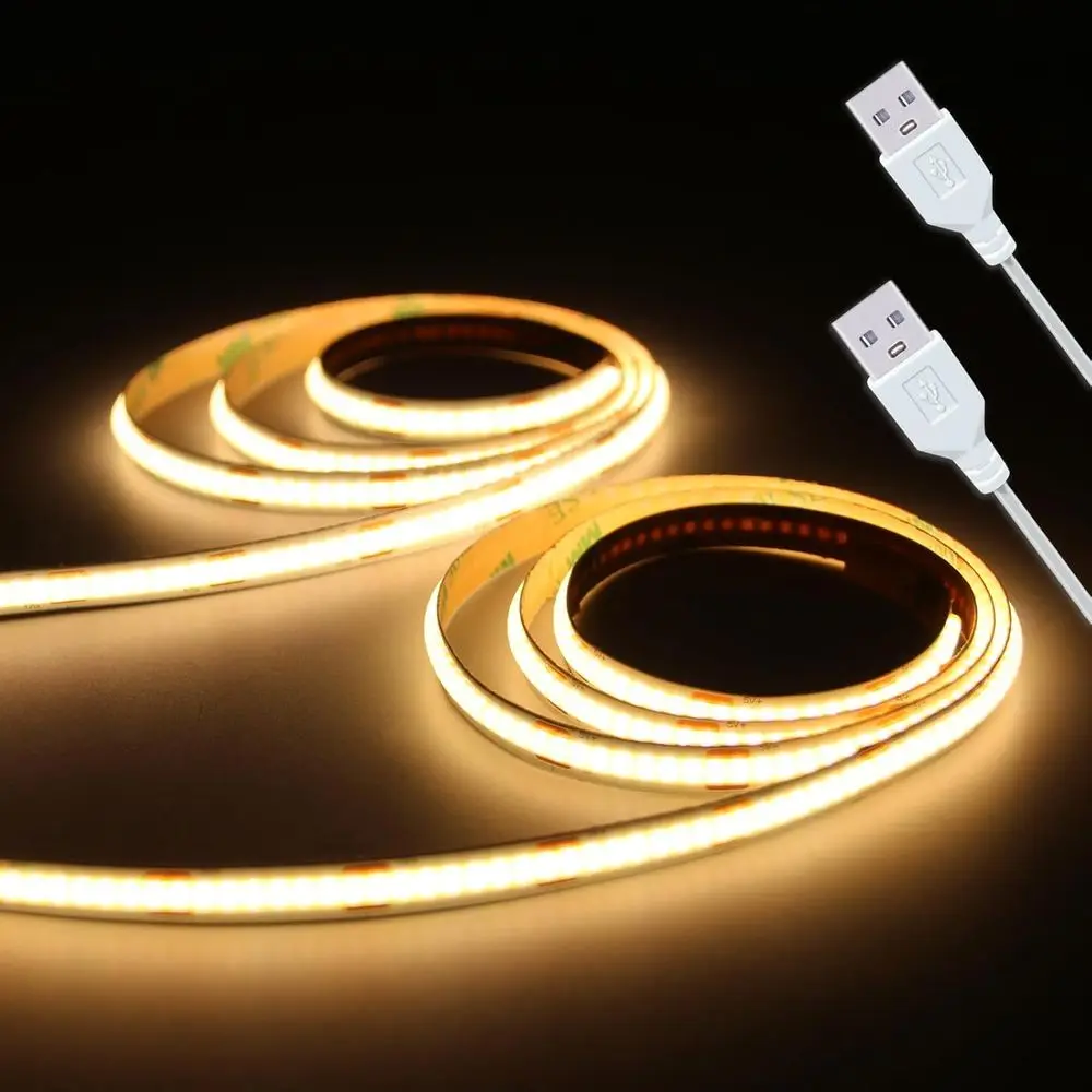 

5V USB 320 LED Warm White COB Strip Light, 3000K, Non-Dimmable, Flexible for Home and Room Decor (3.28ft/1m*2)