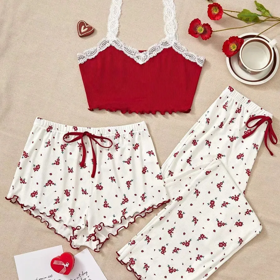 Three Piece Women\'s Heart-Shaped Printed Vest Shorts and Pants Paired with Ribbed Fabric for Home Casual Women\'s Sleepwear Set