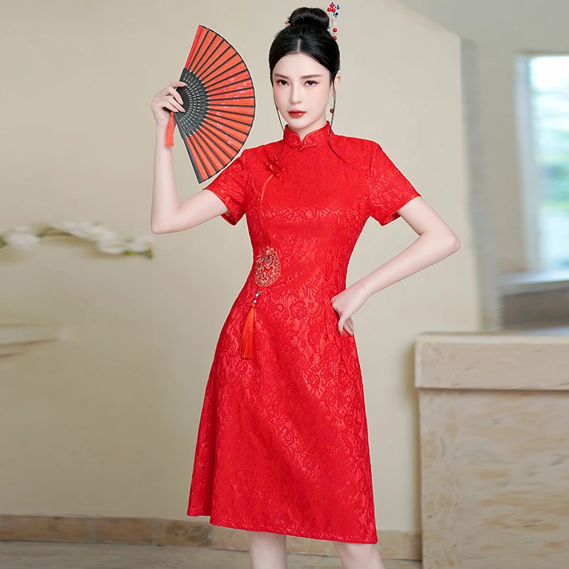 

Красное стильное улучшенное кружевное платье Cheongsam в стиле ретро, весна-лето, новое высококачественное темпераментное платье, винтажное женское платье для свадебной вечеринки Qipao 2025