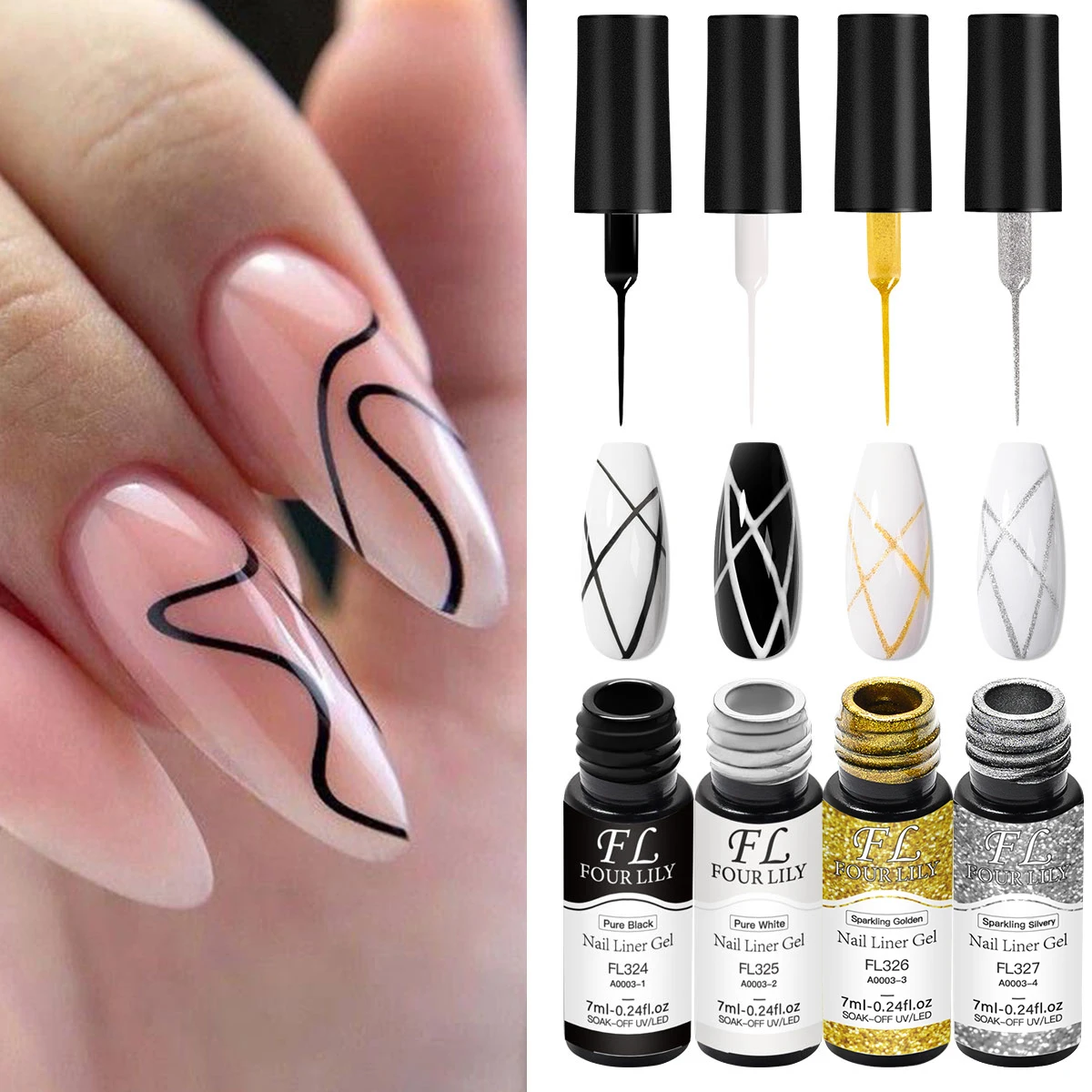 Esmalte de Uñas en Gel 2 en 1 de 7 ml, Gel de Pintura Dorado, Plateado, Blanco, Negro, Pincel Ultrafino, Línea Francesa, Rayas, Graffiti, Arte de Uñas
