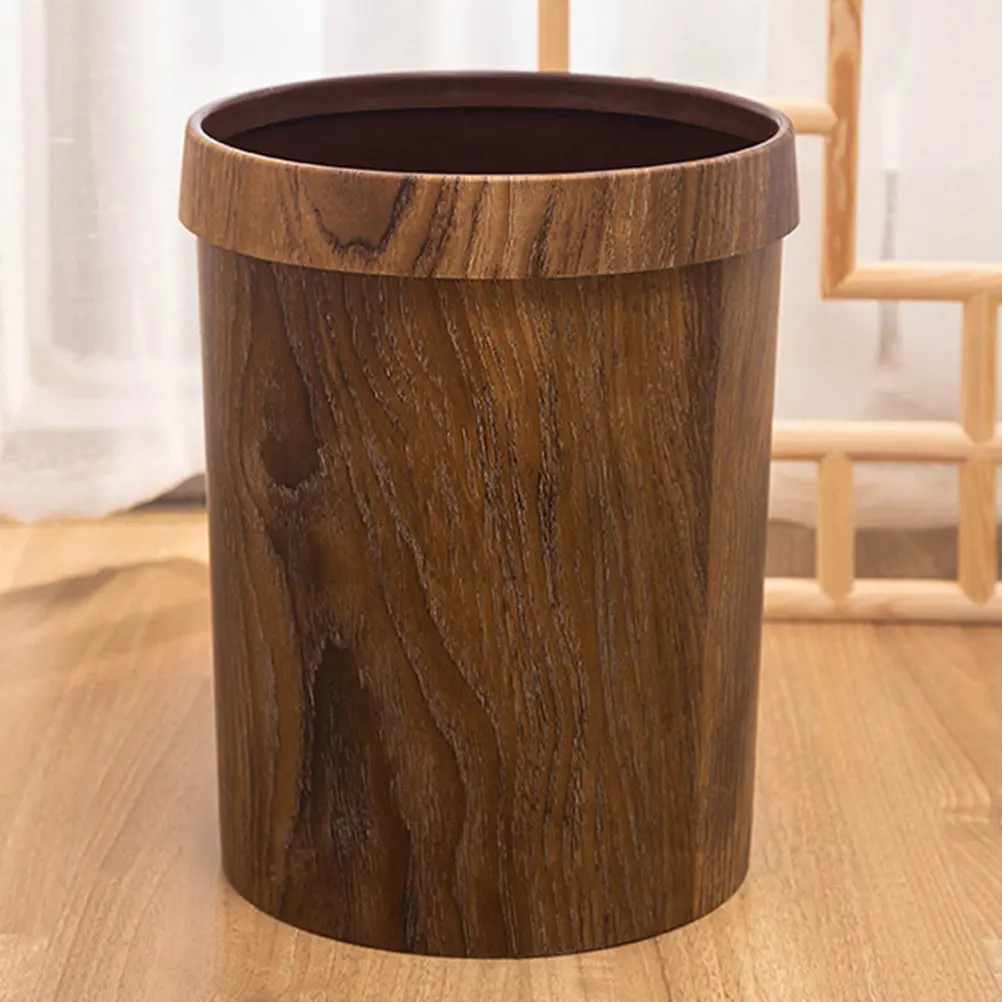 1Pcs Vintage Style Trash Can Plastic Retro Garbage Bucket Imitation Wood Grain for Home Kitchen Living Room Bedroom Hotel Use
