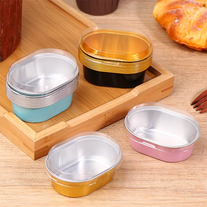 ถ้วยอบขนมขนาดเล็ก 10 ชิ้น 68 มล. ทำจากอลูมิเนียมฟอยล์ รูปทรงวงรี พร้อมฝาปิด ทนความร้อน สำหรับงานเลี้ยงสังสรรค์