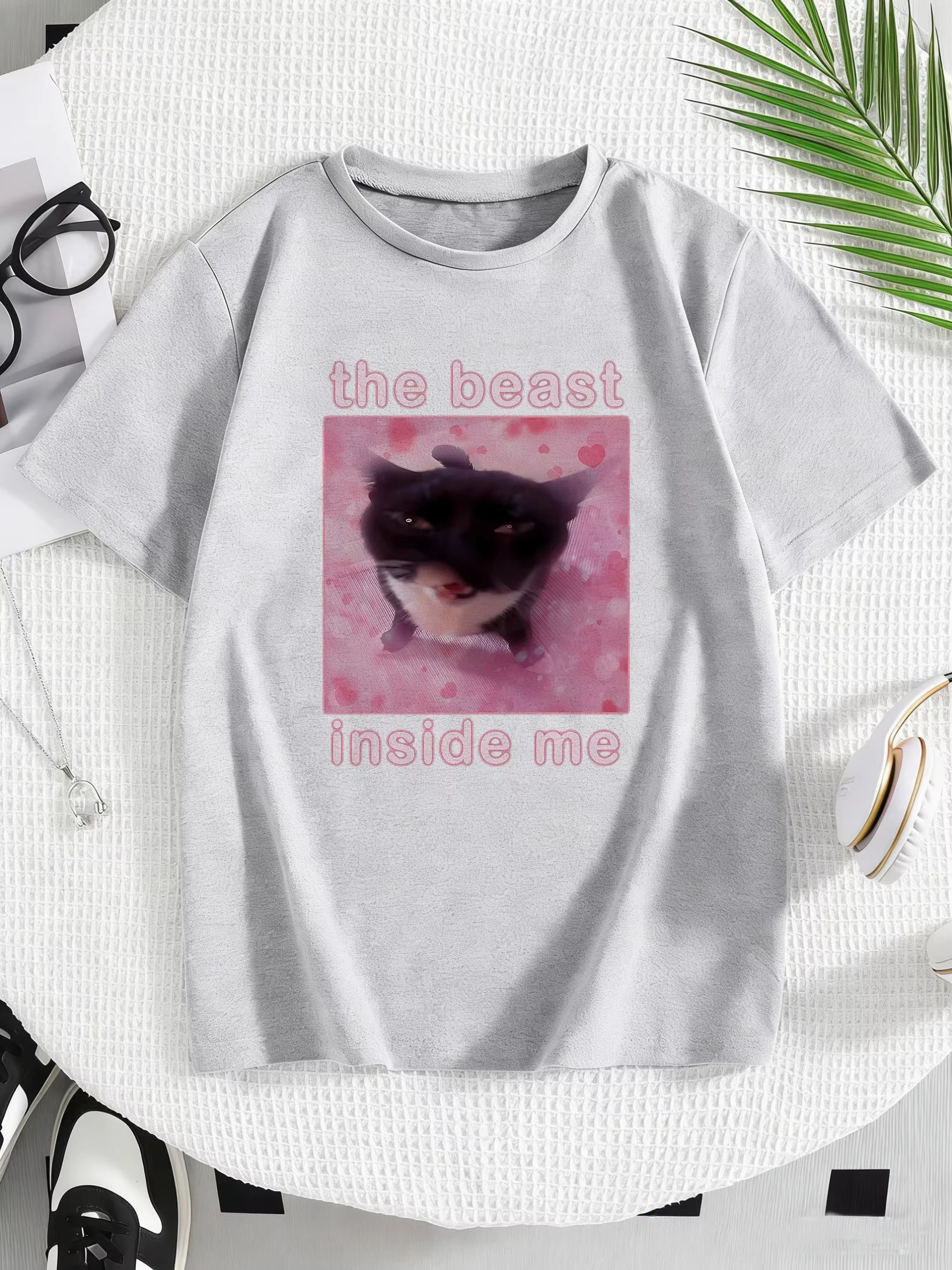 The Beast Inside Me Cat Meme Print T Shirt Cute Cartoon Kids Girls Boys Summer Spring Casual Short Sleeve Everyday Top