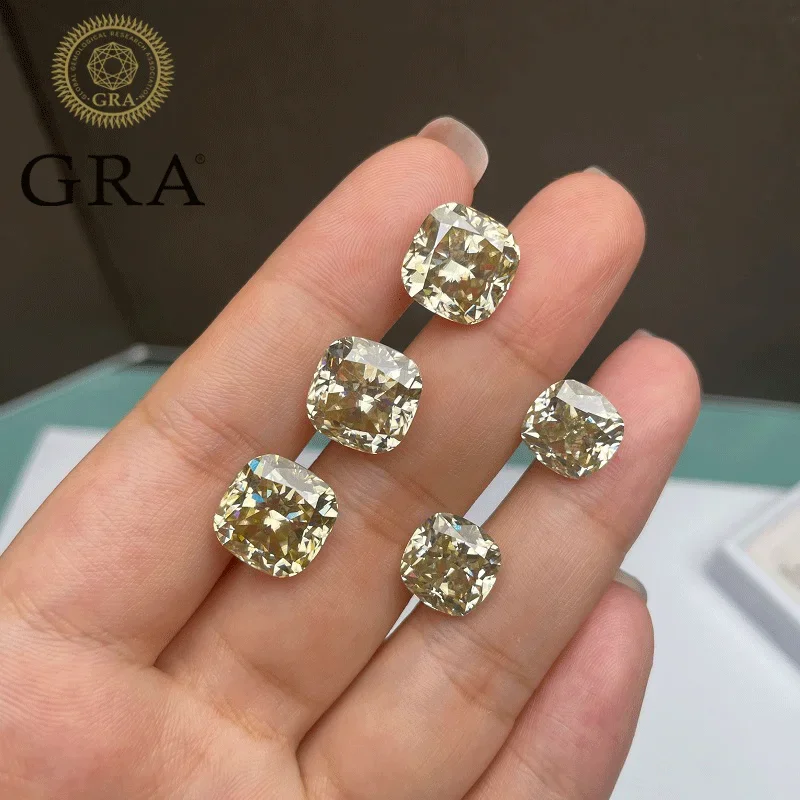 Ruihe New Original Yellow Color Cushion Shape Moissanite Stone GRA Report Gemstone for Jewelry Making Diy