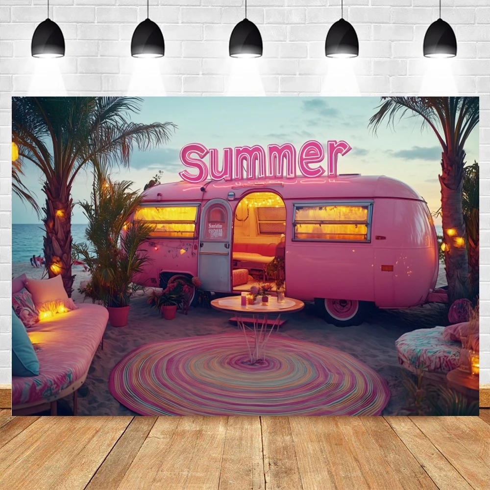 夏の写真の背景,海辺,ビーチ,日没,ピンク,バン,ヤシの木,休暇,写真スタジオ,撮影アクセサリー