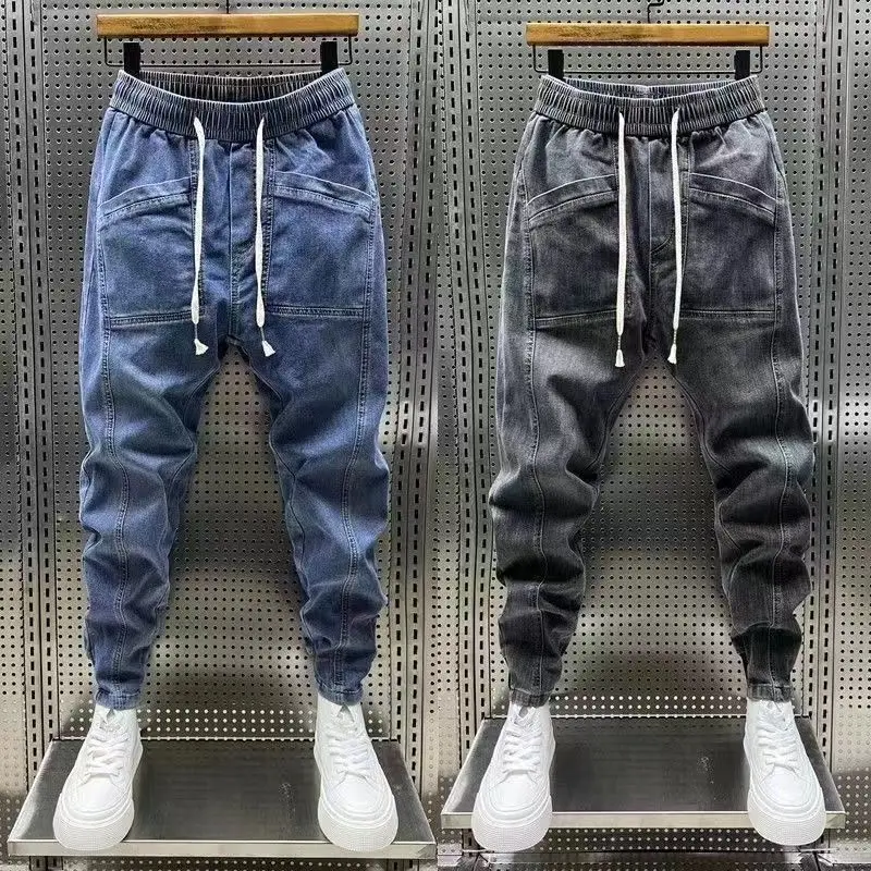 Harajuku moda uomo casual Kpop designer baggy allentato elastico in vita jeans denim primavera autunno jeans con coulisse pantaloni di lusso