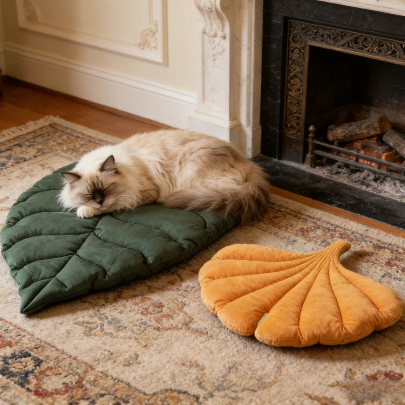 Cama para Animais de Estimação em Forma de Folha, Reversível, Macia, Lavável, Almofada Antiderrapante para Gatos e Cães, Confortável e Aconchegante para Viagens e Camping