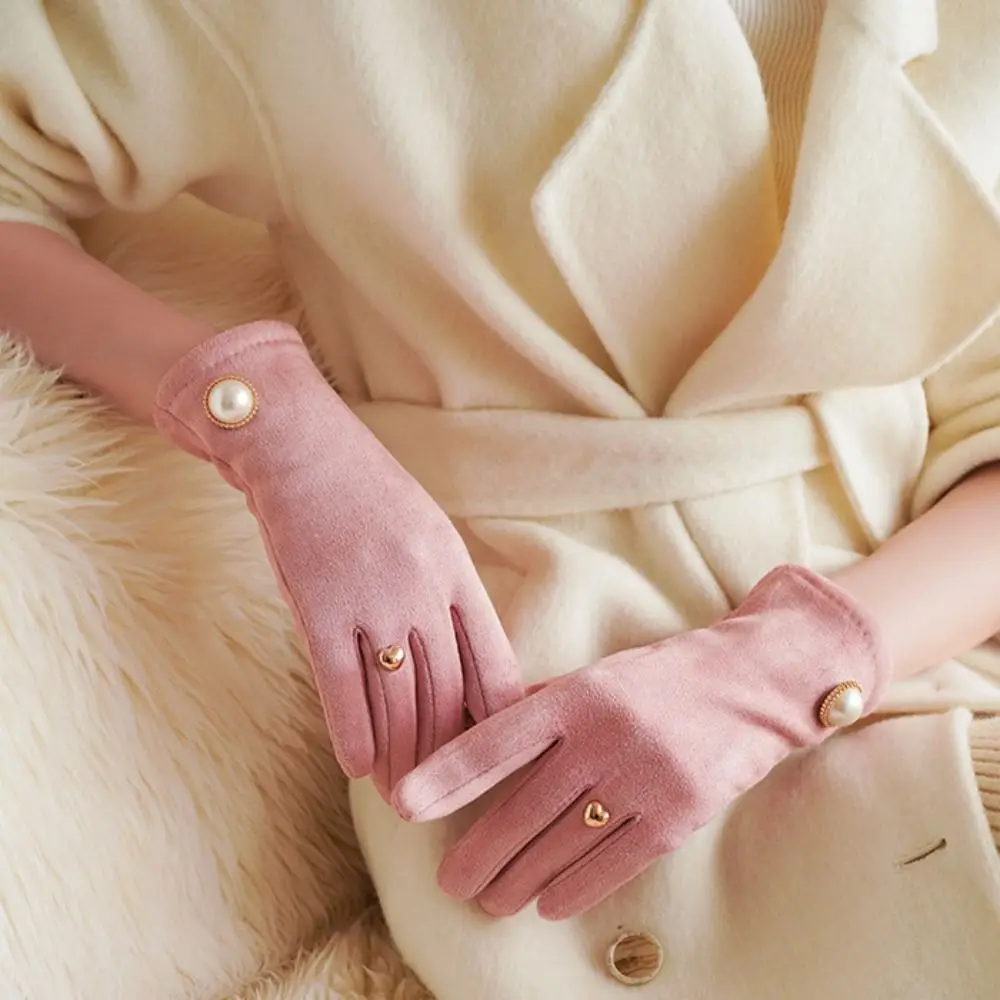 

All-Match Velvet Winter Cycling Gloves Heart Pearl Women Mittens Windproof Touch Screen Plush Gloves Outdoor