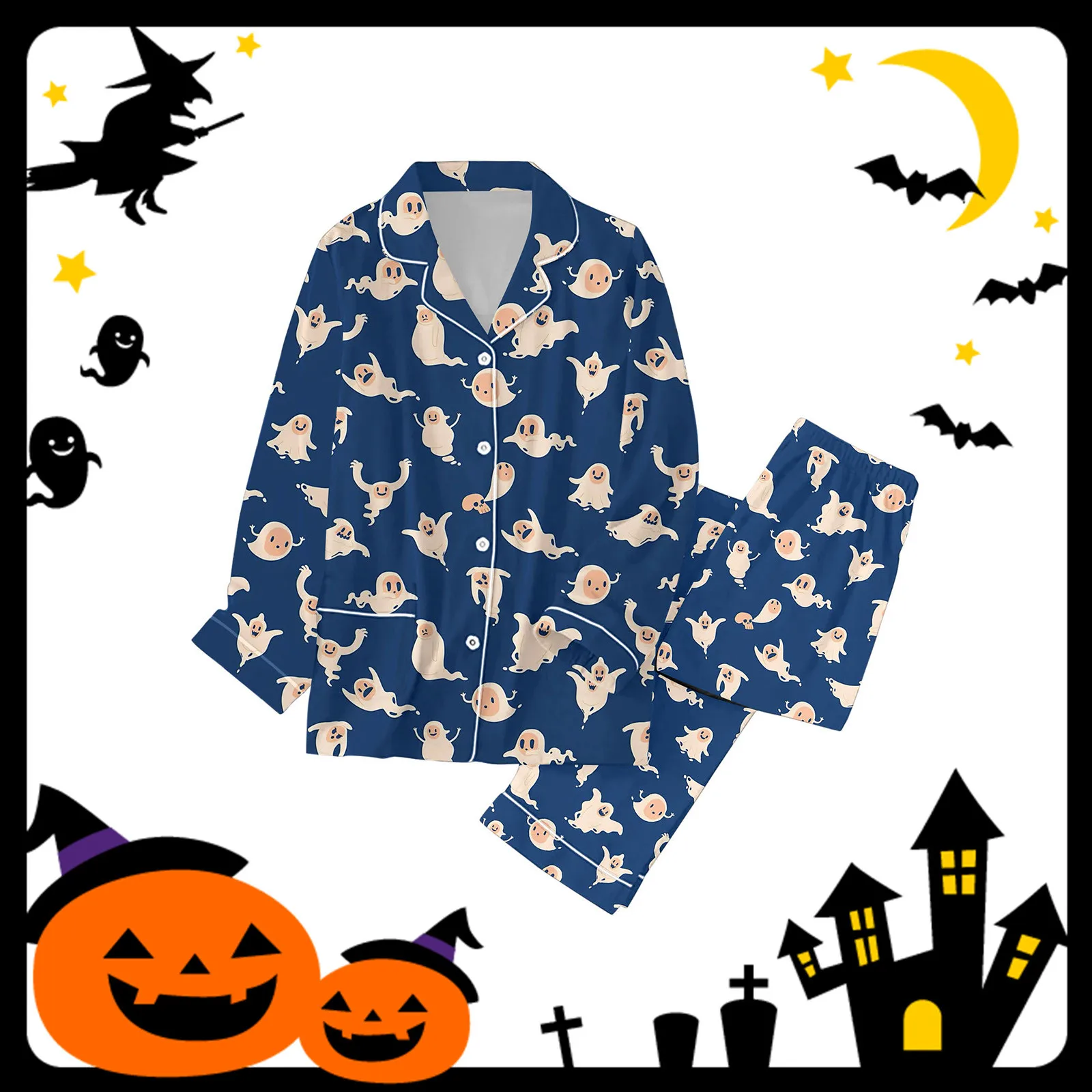 Women Halloween print Pajama For Family Pajamas Matching Set Holiday Pajamas Women\'s Classic Button Down Long pocket Pajamas