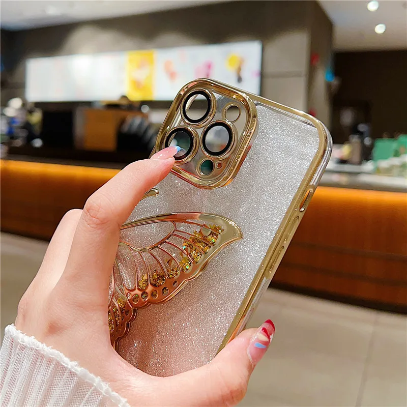 Lovebay Gradient Butterfly Glitter Sparkling Quicksand Case For iPhone 15 14 11 12 13 Pro Max Camera Protective Shockproof Cover