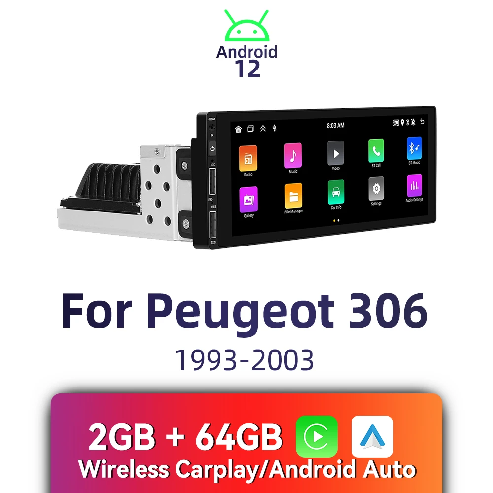

CarPlay Android Car Stereo 1 Din Head Unit for Peugeot 306 1993-2003 Autoradio with Navigation BT Multimedia