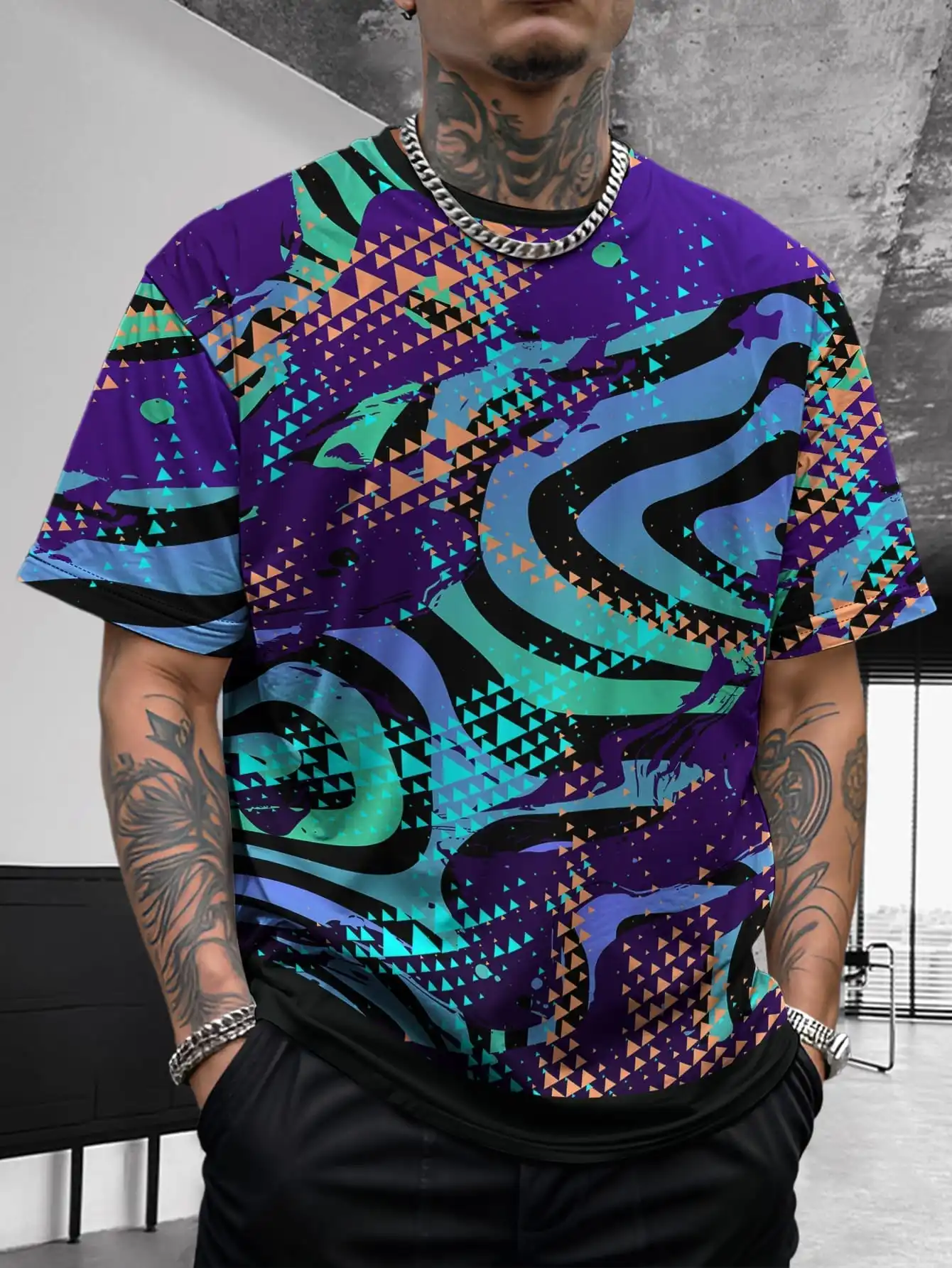 

Summer new men's contrasting color street style splicing fashionable casual breathable cool short sleeved shirt