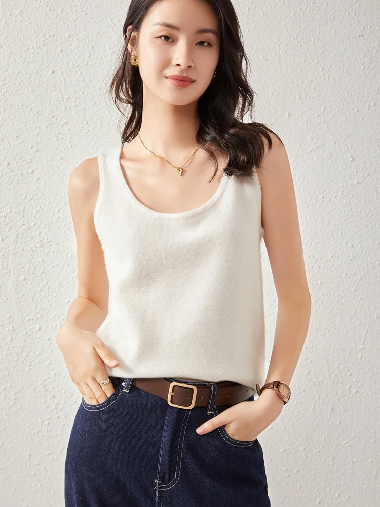 

2024 Spring Summer Women Vest 100% Pure Cashmere O-Neck Sleeveless Soft Ladies Knit Waistcoat Fashion Slim Women Clothing