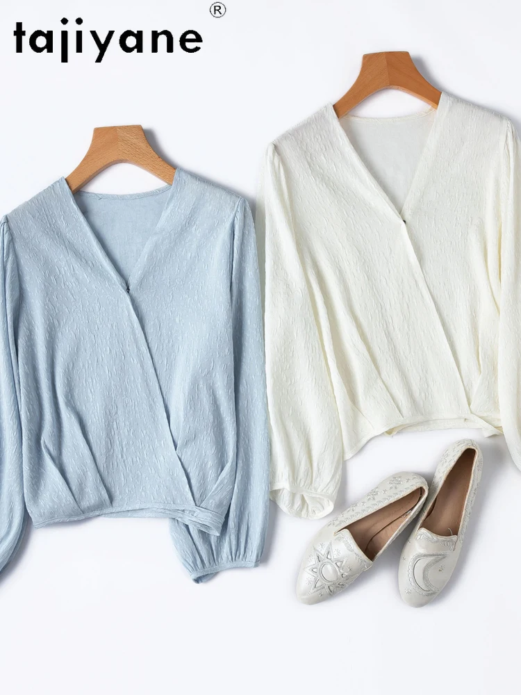 TAJIYANE 93% Mulberry Silk Blouse Woman Elegant Short V-neck Shirt High Quality Spring Summer Tops 2025 Luxury Clothes Блузка