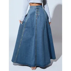 Women Mid Waist Skirts Denim Solid Vestidos Floor Length Dresses Loose Fit Spliced High Street Summer 2024 Pockets A Line