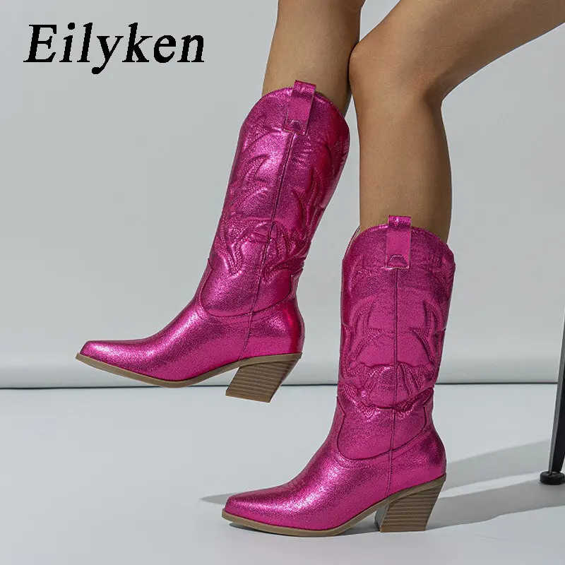 Eilyken Designer Embroidery Knee-High Boots Women Handmade Western Cowboy Booties Street Low Heels Shoes Zapatos De Mujer