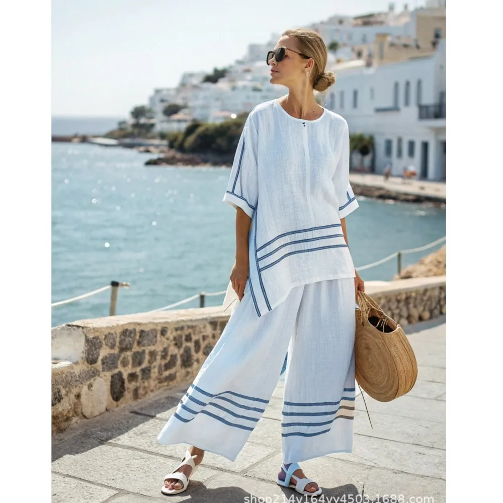 

Summer Striped Print Pants Sets Women O-neck Middle Sleeve Pullover Tops Loose Wide Leg Pants 2 Piece Set Seaside Beach Vacation