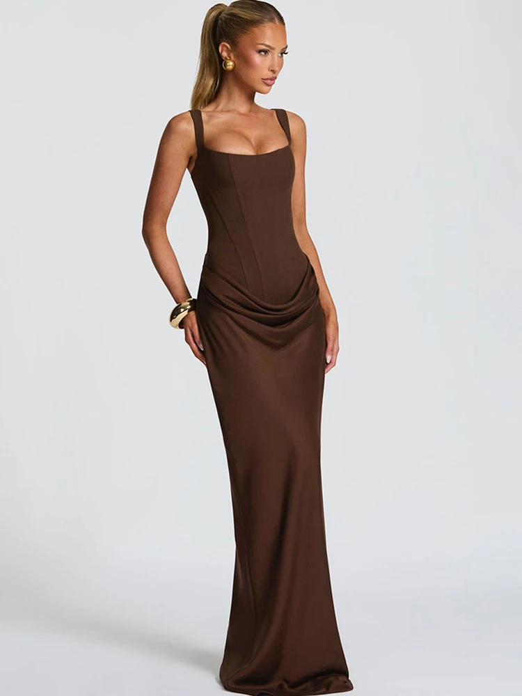 JULISSA MO Patchwork in raso sexy senza maniche abito lungo da donna caffè cinturino per spaghetti abito a vita alta sottile elegante clubwear da festa