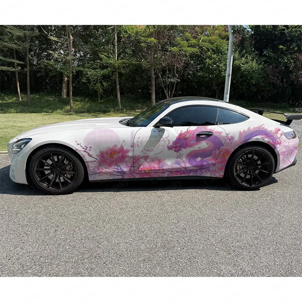2pcs Pink Purple Swimming Dragon & Lotus Car Side Wrap, Self-Adhesive PVC Waterproof & Scratch-Resistant Stickers, Car Accessory view 3