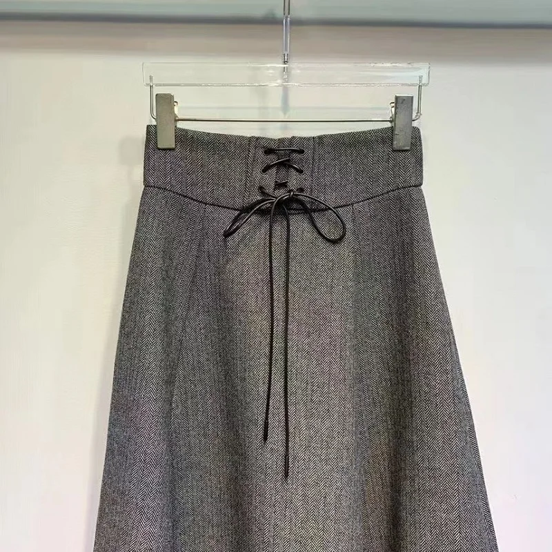 New 2023 Winter Fashion Wool Long Skirts High Quality Women Cross String Waist Tweed Wool Ladies Elegant Grey Maxi Skirt Clothes