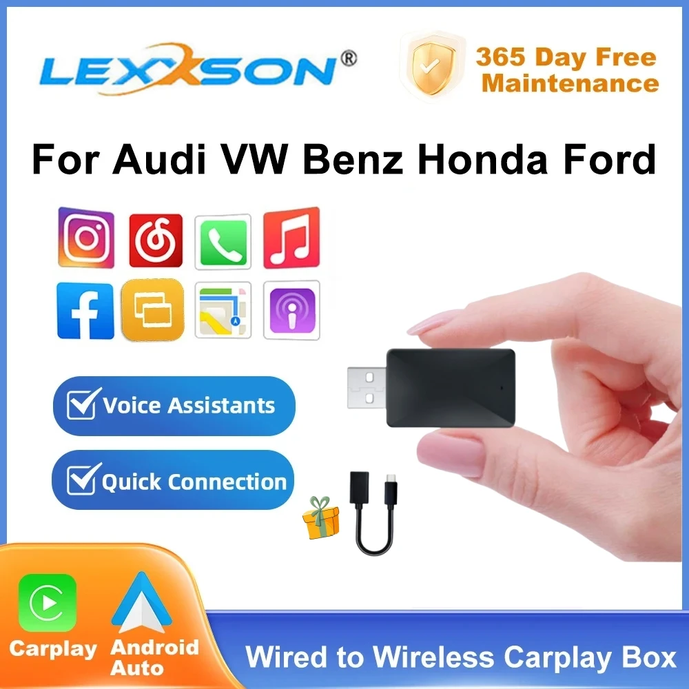 Lexxson อะแดปเตอร์แอนดรอยด์อัตโนมัติไร้สายกล่อง2024 USB Type-C 2in1ดองเกิลมินิสำหรับ Audi VW Benz Honda Ford