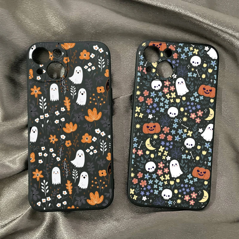 

Cartoon Pumpkin Ghost Autumn Leaves Phone Case For iPhone 16 15 14 13 12 11 Pro Max Mini X XS SE4 7 8 Plus 16E Soft Cover Fundas