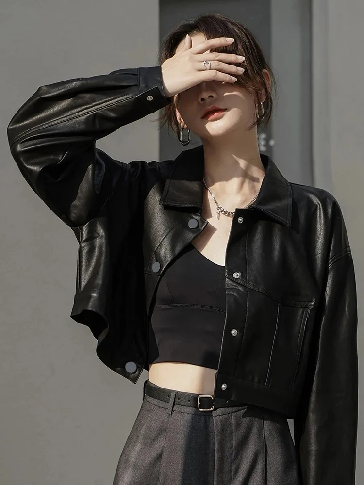 

Zoki Streetwear Cropped Pu Jackets Women Biker Loose Long Sleeve Vintage Short Coats Fall Retro Harajuku American Moto Tops New