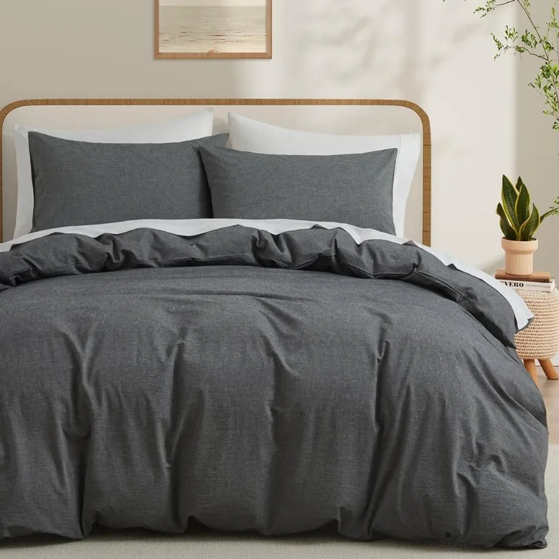 100% Washed Cotton Duvet Cover King Size, Grey Fade-Resistant Natural Bedding Set (No Comforter), 104x90 Inches