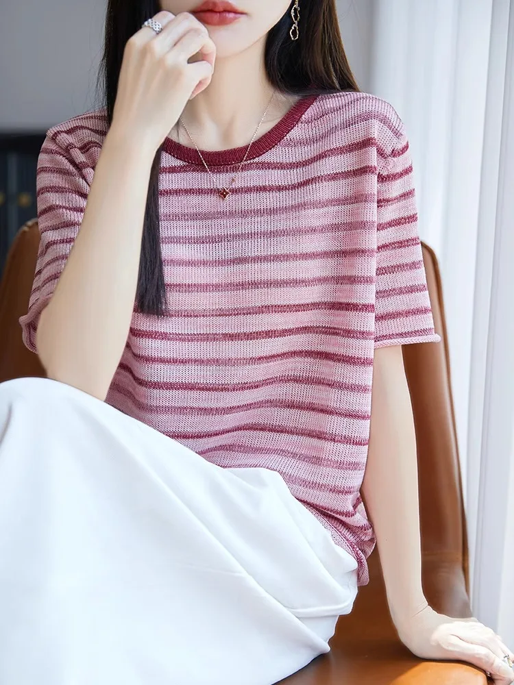 Summer New Pearl Linen ort Sve T-irt Women round Ne Striped Knitted Loose Casual Versatile Top Thin Sle