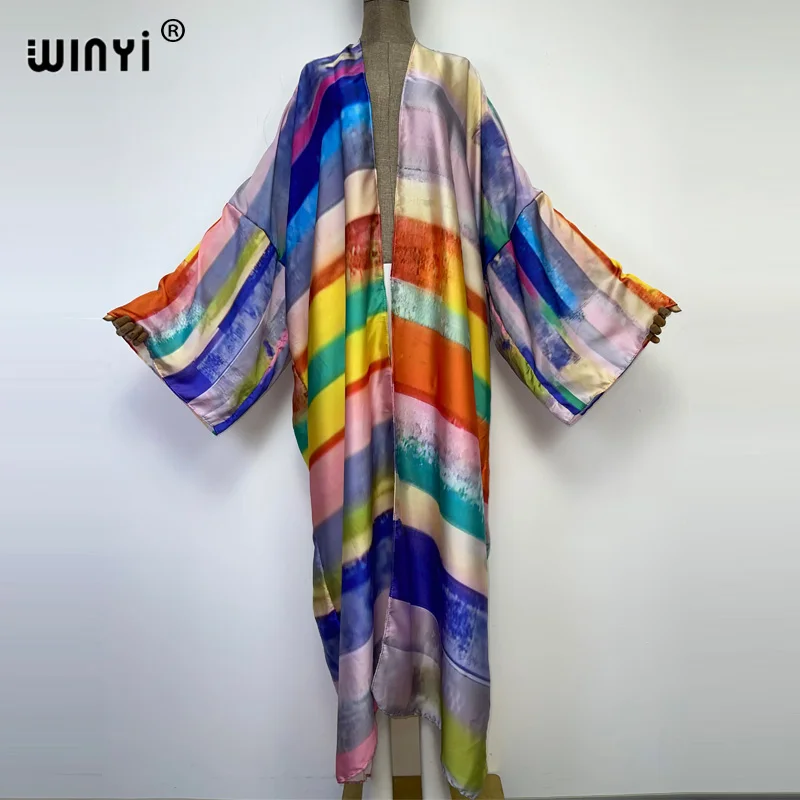 

WINYI 2022 Rainbow printing Bohemian Bikini Cover-ups Retro Striped Self Belted Women Summer Long Kimono Dress Beach Wear kimono