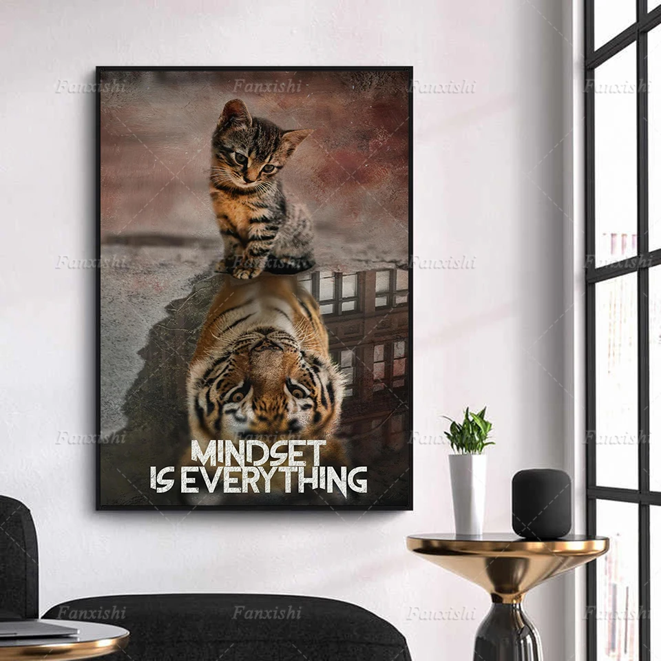 Mindset Is Everything Cat And Tiger Inspirational Motivational Quotes Pictures Home Decor Canvas Paintings Wall Art Print Poster