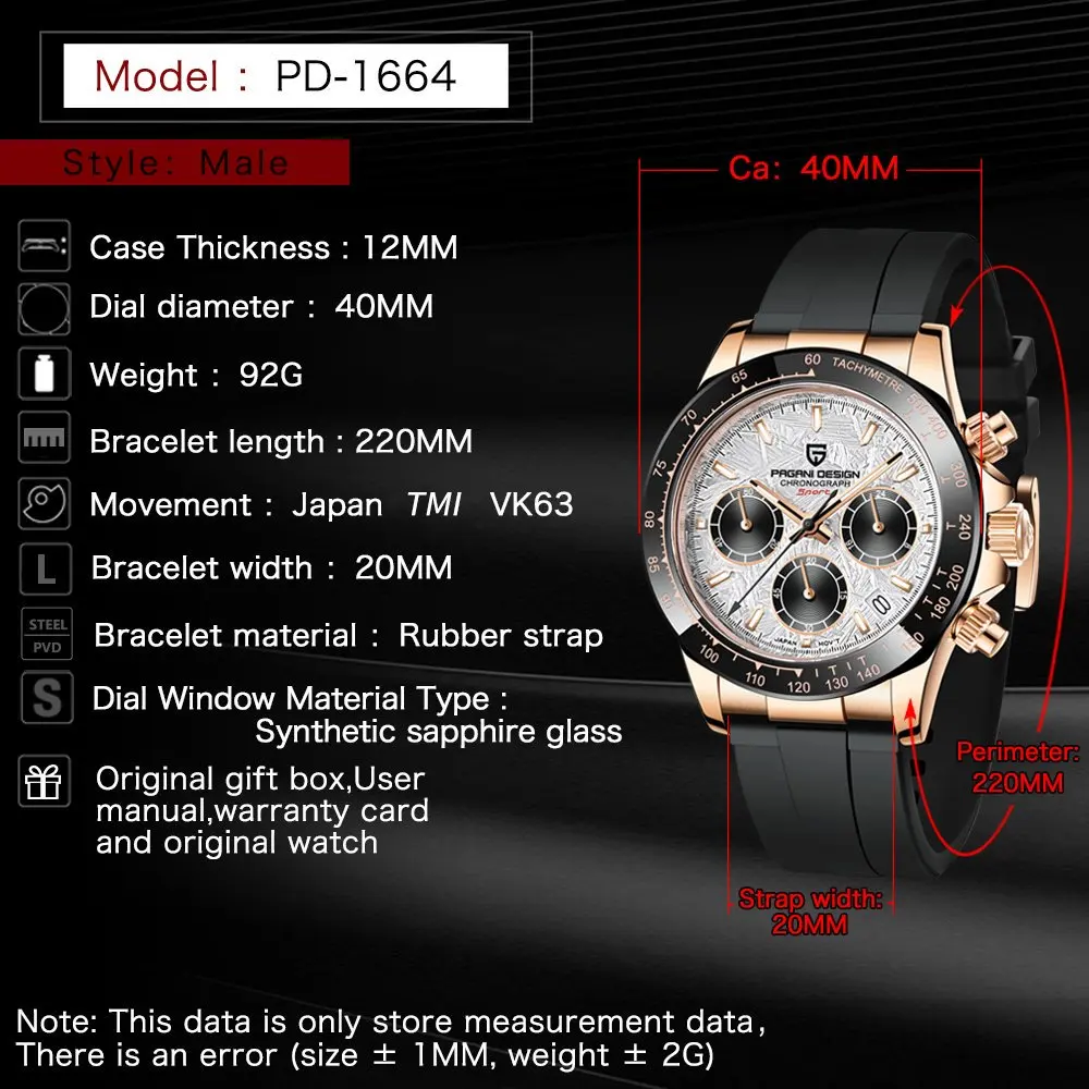 Original New PAGANI DESIGN PD-1664 / PD-1644 Japan VK63 Movt Quartz Wristwatches Sapphire Waterproof Chronograph Reloj Hombre