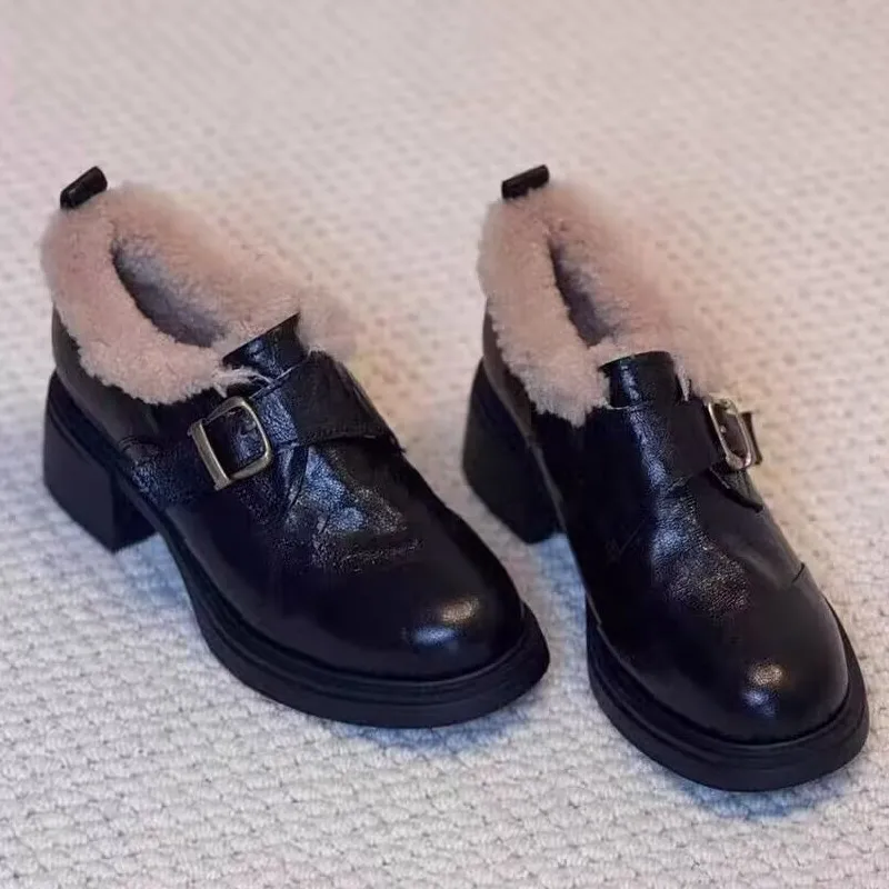 

Женские лоферы на толстой подошве, осень/зима 2021, британские кожаные туфли с плюшевой утепленной обувью и меховой обувью