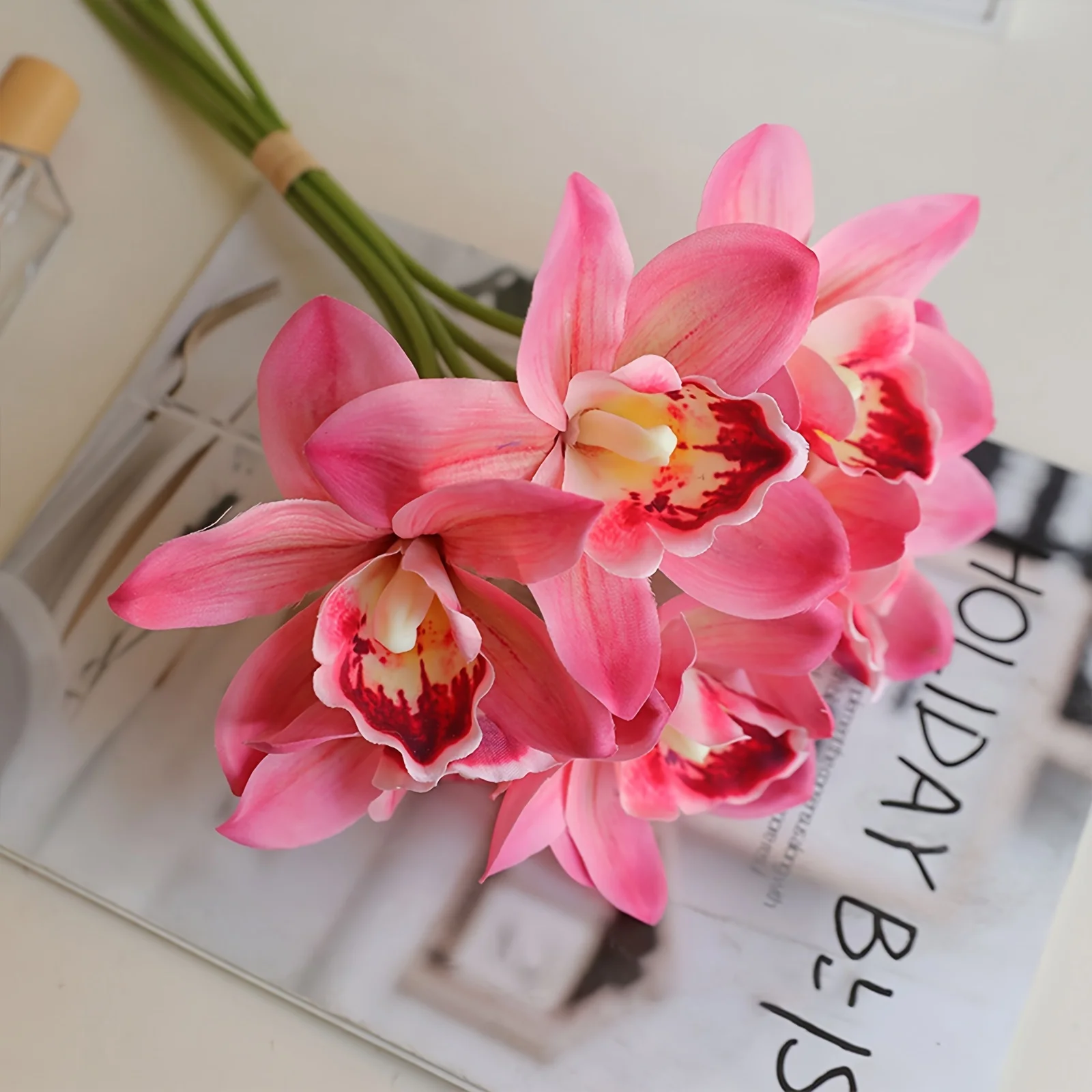 6 قطع من باقات الأوركيد الاصطناعية الأنيقة - زهور سيمبيديوم واقعية للديكور الداخلي والخارجي، مثالية لحفلات الزفاف #3