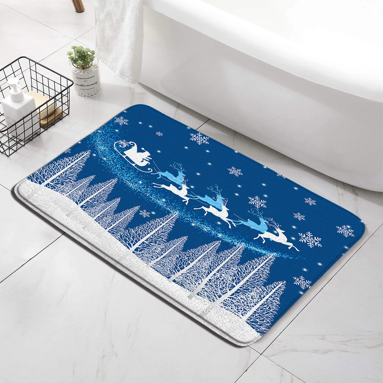 Christmas Bath Mat Blue Green Bathroom Rug Cartoon Pine Tree Reindeer print non-slip Accessory Bathtub Carpet Floor Mat Doormat